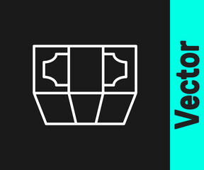 White line Stacks paper money cash icon isolated on black background. Money banknotes stacks. Bill currency. Vector Illustration.