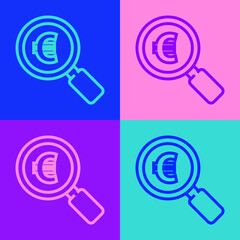 Pop art line Magnifying glass and euro symbol icon isolated on color background. Find money. Looking for money. Vector Illustration.