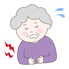 Elderly woman getting a stomach ache. Vector illustration isolated on white background.