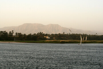 Sailing on the Nile with traditional river sailing ships photographed in daylight