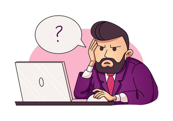 unhappy stressed man at work sits at the table and works on laptop. angry office worker. speech bubble with question mark above his head. burnout, problem, anxiety. isolated stock vector illustration