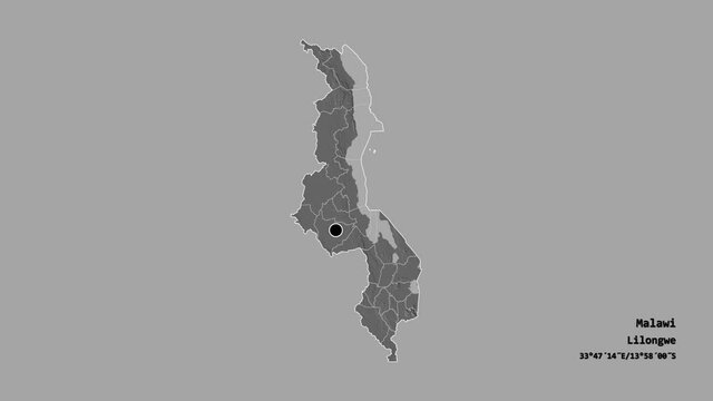 Thyolo, district of Malawi, with its capital, localized, outlined and zoomed with informative overlays on a bilevel map in the Stereographic projection. Animation 3D