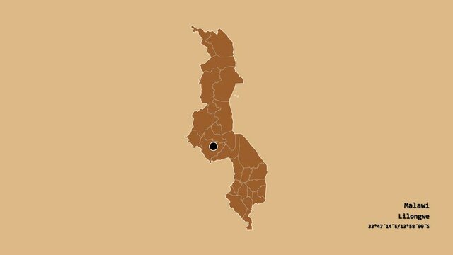 Thyolo, district of Malawi, with its capital, localized, outlined and zoomed with informative overlays on a solid patterned map in the Stereographic projection. Animation 3D