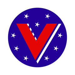 Vote circle sticker or label in colors and symbols of USA flag, American elections, vote sign. Letter V as a symbol of voting and choice. Vote badge or pin