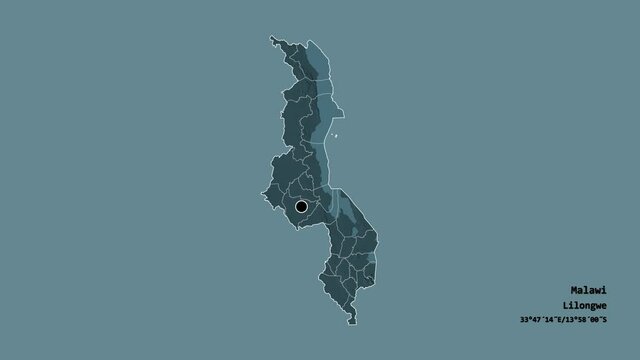 Zomba, district of Malawi, with its capital, localized, outlined and zoomed with informative overlays on a administrative map in the Stereographic projection. Animation 3D