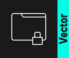White line Folder and lock icon isolated on black background. Closed folder and padlock. Security, safety, protection concept. Vector Illustration.