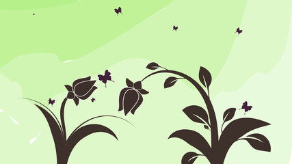 Two flowers reaching out to each other, beautiful, elegant with beautiful buds and flying butterflies