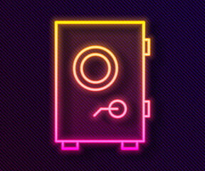 Glowing neon line Safe icon isolated on black background. The door safe a bank vault with a combination lock. Reliable Data Protection. Vector Illustration.