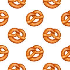 Seamless Pattern of realistic tasty pretzels with salt or sesame, with texture. Vector illustration isolated on white background.