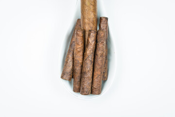 Gorgeous cigars from twisted sheets in the stand for the cook with white background.