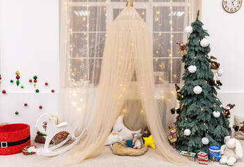 Modern children's room interior design with Christmas and New Year decorations
