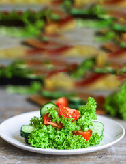 Healthy salad vegetables leaves mix micro greens, juicy snack, tomato. food background copy space organic healthy eating keto or paleo diet
