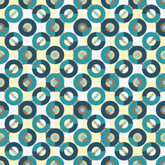 Graphic circles seamless pattern. Colorful vector illustration. Overlapping circular shapes in navy blue, turquoise, brown, yellow and white retro colors. 