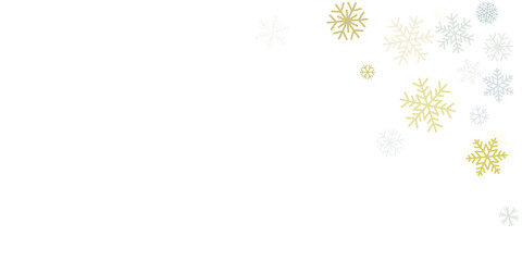Christmas snowflakes background with place for text. Winter gold and silver snow minimal decoration on white, greeting card. New Year Holidays subtle backdrop. Vector illustration EPS 10
