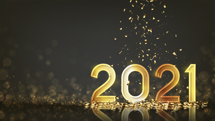 2021 Happy New Year holiday banner. Vector illustration with golden holiday symbol, confetti and effect bokeh on black background.