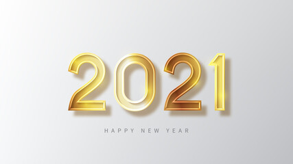 2021 Happy New Year festive banner. Vector illustration with golden holiday symbol on grey background.