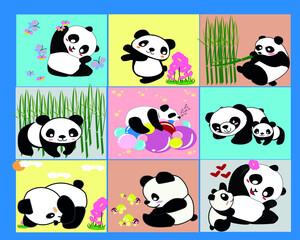 Panda's seamless patterns of various characters are drawn in an illustrated style