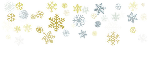 Christmas snowflakes background with place for text. Winter gold and silver snow minimal decoration on white, greeting card. New Year Holidays subtle backdrop. Vector illustration EPS 10