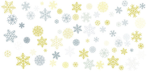 Fototapeta premium Christmas snowflakes background with place for text. Winter gold and silver snow minimal decoration on white, greeting card. New Year Holidays subtle backdrop. Vector illustration EPS 10