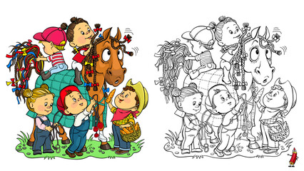 Vector funny illustration for coloring. With an example of a color image. Happy children decorate their beloved horse with colorful ribbons. Rest, sport, holidays