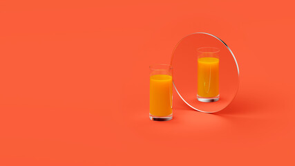 Orange juice in a glass is reflected in the mirror on a red background in the studio, place for text, icon, metaphor