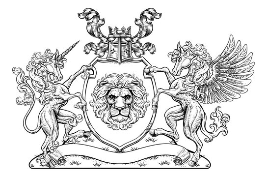 A crest coat of arms family shield seal featuring unicorn, Pegesus winged horse and lion