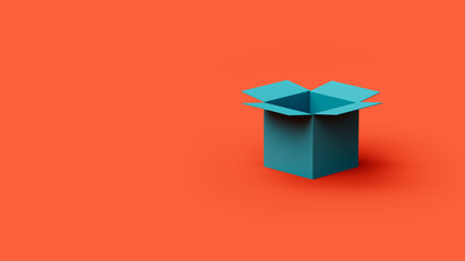 open blue box on a red background, place for text, place for logo, 3d rendering