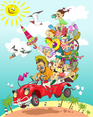 Vector. Humorous bright illustration. Cheerful big friendly family is driving a retro car on vacation. Loaded with suitcases and outdoor gear. Dad is driving and passengers.