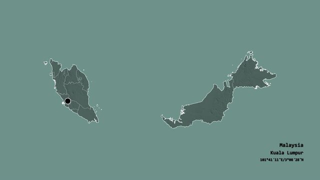 Sabah, state of Malaysia, with its capital, localized, outlined and zoomed with informative overlays on a administrative map in the Stereographic projection. Animation 3D
