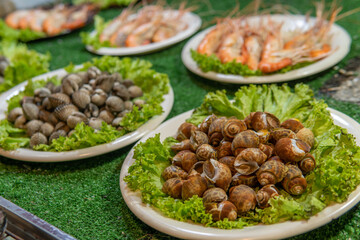 Mussels and Shrimp for sale at Night Market in Northern Thailand