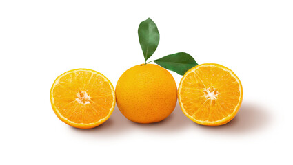 Orange fruit and ripe half of orange fruit on white background
