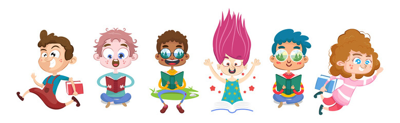 Set of children of different skin with notebooks