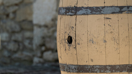 Close up of Old wooden barrel from a vineyard