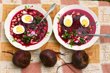 beetroot cold soup with cucumbers, boiled egg, green onion, garlic and sour cream closeup photo