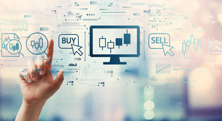 Stock trading theme with hand pressing a button on a technology screen