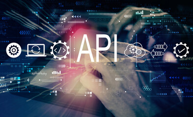 API - application programming interface concept with man using his tablet computer