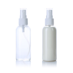 Blank transparent spray bottle filled with water & cream for mock up, isolated on white background. Front & back view. Clear hand sanitiser for template. Empty misquoter repellent for branding.