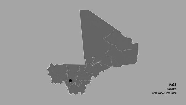 Mopti, region of Mali, with its capital, localized, outlined and zoomed with informative overlays on a bilevel map in the Stereographic projection. Animation 3D