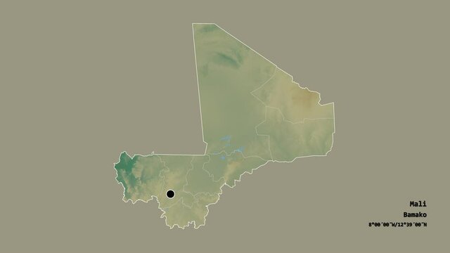 Mopti, region of Mali, with its capital, localized, outlined and zoomed with informative overlays on a relief map in the Stereographic projection. Animation 3D
