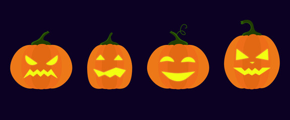 set of flat illustrations of halloween pumpkins with glowing eyes and mouths