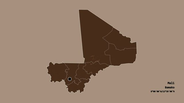 Sikasso, region of Mali, with its capital, localized, outlined and zoomed with informative overlays on a administrative map in the Stereographic projection. Animation 3D