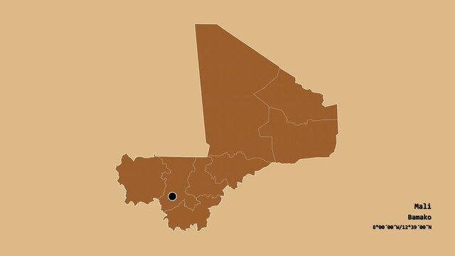 Sikasso, region of Mali, with its capital, localized, outlined and zoomed with informative overlays on a solid patterned map in the Stereographic projection. Animation 3D
