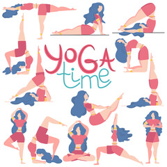 The inscription YOGA time and a set of 13 postures for yoga female figures, flat design isolated on white background