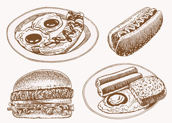 Vector vintage set of fast food elements, junk food