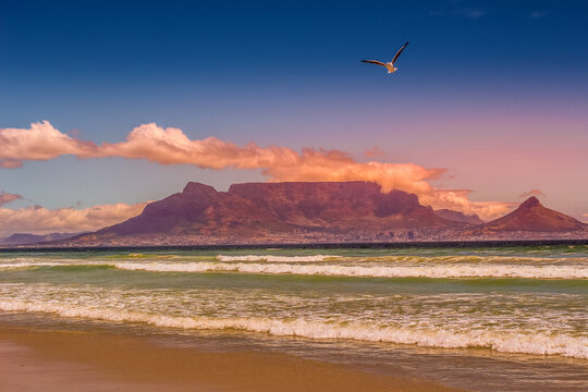 Table view beach at bloubergstrand Cape Town showing table mountain and Atlantic ocean