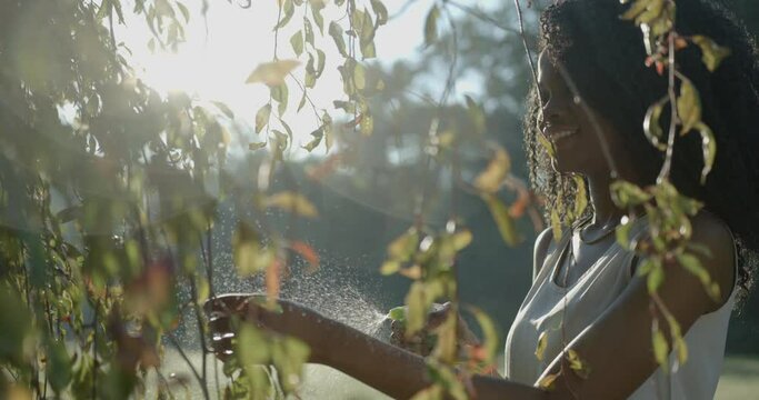 Smiling afro-american girl with natural make-up is taking care of outdoor plants using the green plastic trigger spray ath the background of the sunlits. 4k, slow motion.