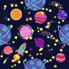 Seamless space pattern. Planets, rockets and stars. Cartoon spaceship