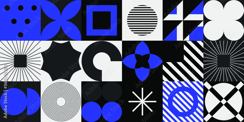 Poster Modern geometric seamless pattern with bold simple shapes in Bauhaus and Neo-memphis retrofuturistic style. Trendy vivid fashion print with minimal composition.