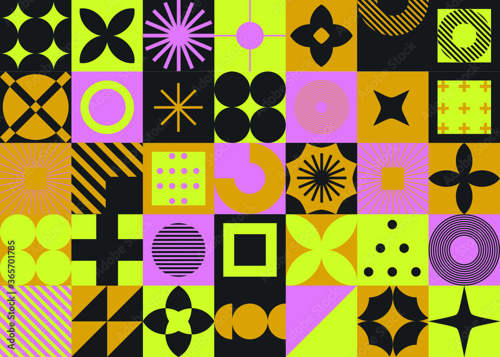Poster modern geometric seamless pattern with bold simple shapes in bauhaus and neo-memphis retrofuturistic