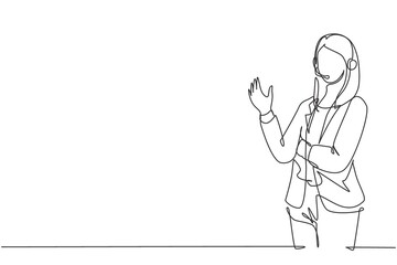 Fototapeta na wymiar Single continuous line drawing of young happy female motivator poses neatly in front of camera after presentation at the office. Public trainer concept one line draw design vector illustration